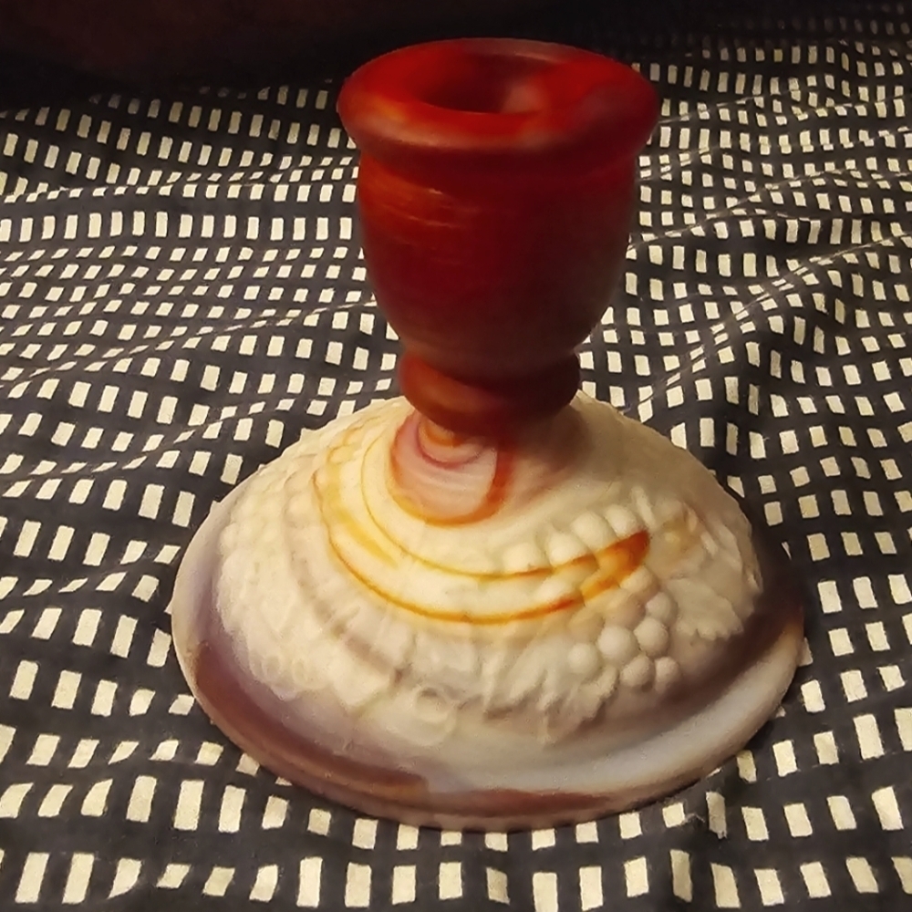 Imperial Glass Red, Cream and Orange Slag Glass Candlestick Holder - End of Days